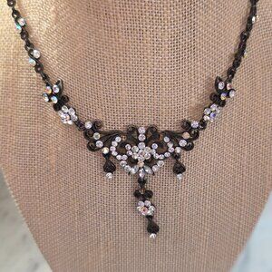 Victorian Gothic Gunmetal Rhinestone Statement Necklace Filigree Drop